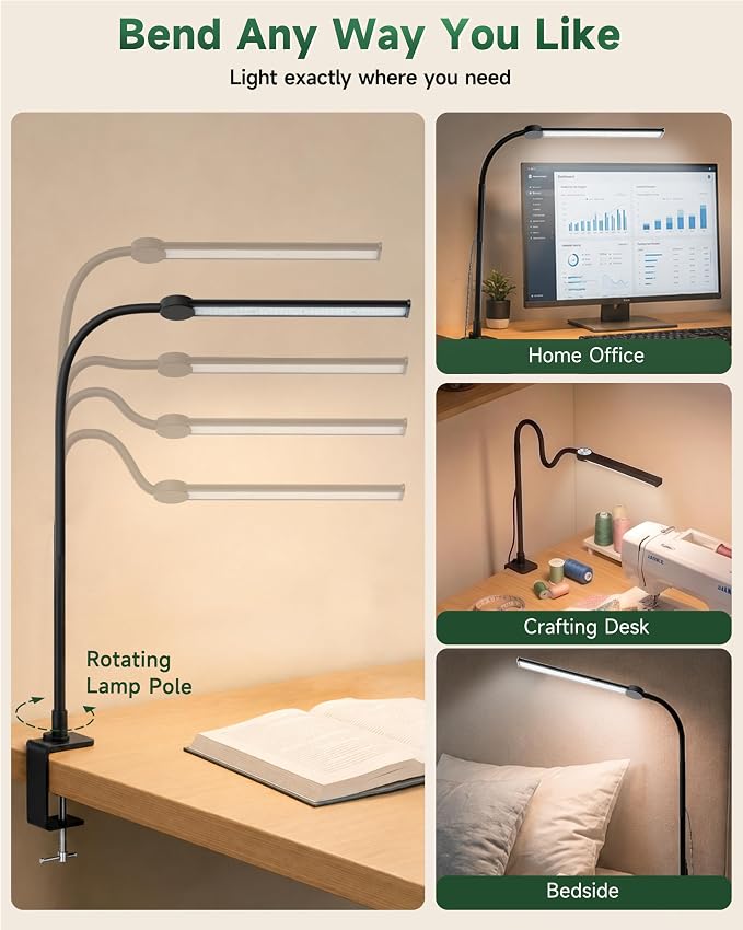 CUHIOY Desk Lamp with Clamp, 27" Flexible Goose-Neck Light for Craft Sewing | 650LM 80 LEDs Wide Head Desk Light, Sturdy 2.2" Metal Clamp, 3 Color Modes & 3 Brightness Levels, Power Adapter Included