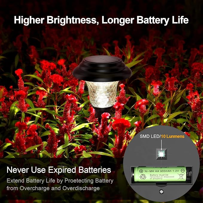 Glass Solar Lights Outdoor waterproof, 4 Pack Super Bright Solar Pathway Lights, Up to 12 Hrs Long Last Auto On/Off Garden Lights Solar Powered, Stainless Steel LED Light For Yard Landscape Cool White