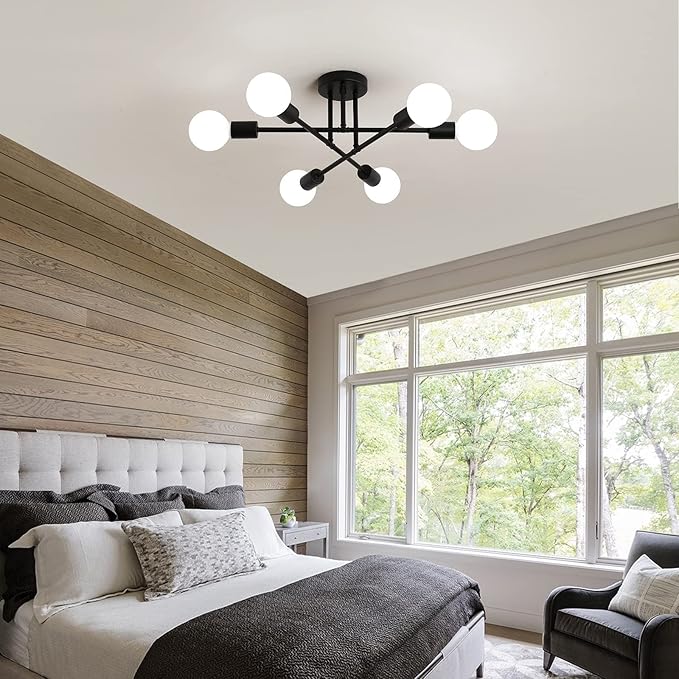 Black Modern Sputnik Chandelier Ceiling Light Fixtures,6-Lights Industrial Metal Semi Flush Mount Ceiling Light for Bedroom Dining Room Living Room Kitchen Hallway UL Listed