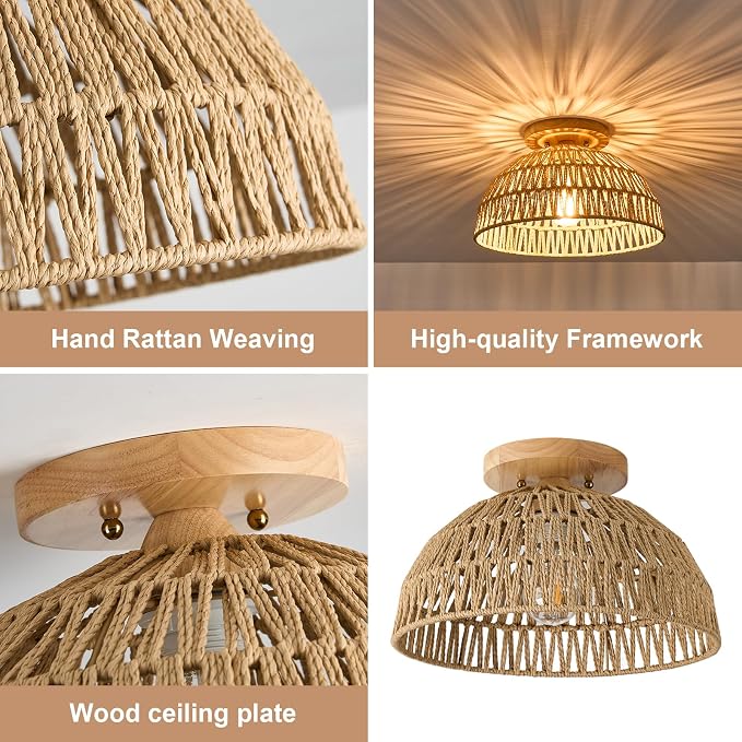 13 Inch Rattan Flush Mount Ceiling Lights Farmhouse Boho Ceiling Light Fixtures Rustic Wicker Hand Woven Rope Cage for Dining Room Kitchen Bedroom Foyer Hallway Entryway 2 Packs
