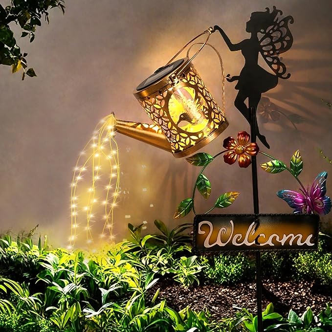 ZKLiLi Solar Hummingbird Watering Can Gifts with Lights,Outdoor Garden Fairy Welcome Sign Decor Waterproof for Patio Yard Porch Lawn Pathway Walkway Statues Gifts for Mom Grandma Women
