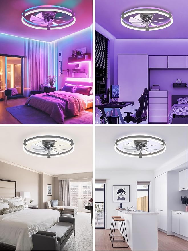 ZMISHIBO 23" RGB Low Profile Ceiling Fans with Lights and Remote, Grey | Custom RGB+3CCT Dimmable, 6 Speeds, Remote/App Control, Reversible DC Motor, Memory, Timer, Modern Fandelier for Kids/Bedroom