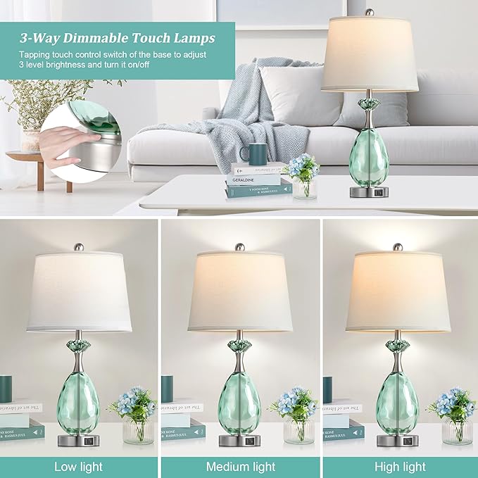 Hamucd Coastal Glass Table Lamps Set of 2, 3-Way Dimmable Touch Control Nautical Lamp with USB A+C Ports,Bedside Lamps Beach Decor, Modern Nightstand Lamps with 2 LED Bulbs for Bedroom Living Room
