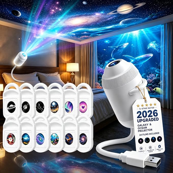 HD Smart Dynamic 5D Holographic Night Light Projector, 2-in-1 HD Plug and Play Galaxy Projector Portable Night Light Projector 360 Rotating USB Powered with 24 Films for Bedroom (12 Films)