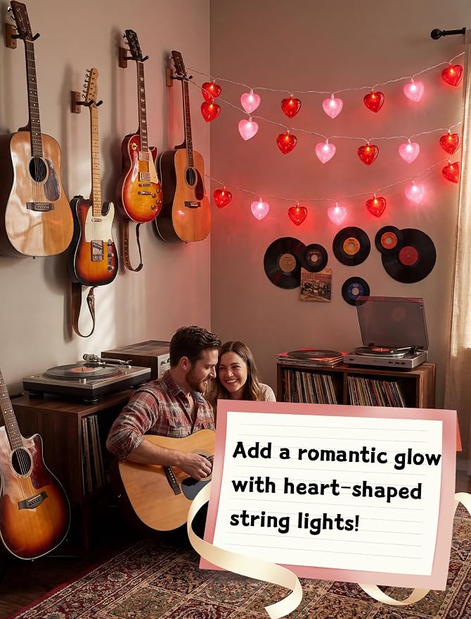8.5 Ft Heart String Lights, Valentines Day Decorations Lights with 10 LED Glitter Red Pink Heart Lights, Plug in Fairy String Lights for Wedding Anniversary Party Valentine's Day