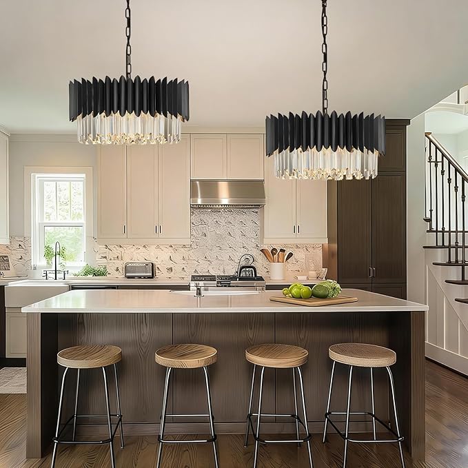 20" Black Crystal Chandelier 4-Tier Round 6 Lights Ceiling Light Fixture K9 Pendant Hanging for Entryway Foyer Dining Room Bedroom Living Room