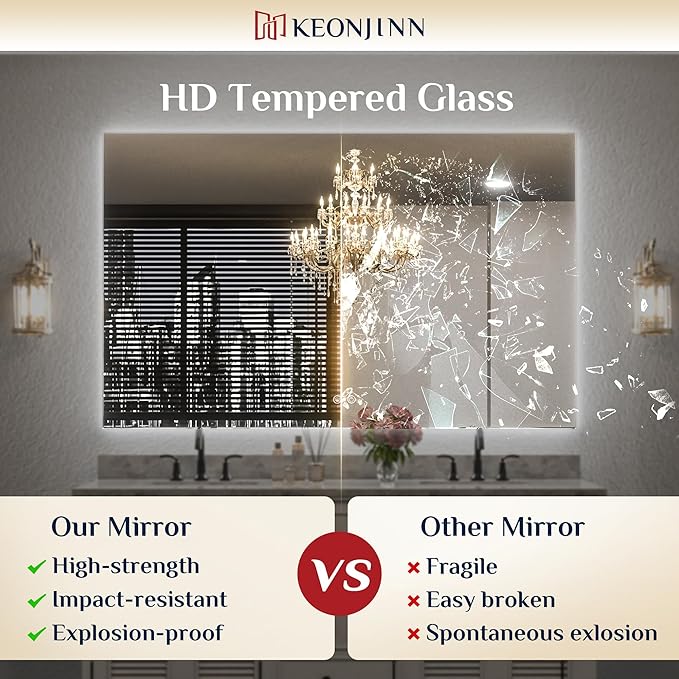 Keonjinn LED Backlit Mirror 72” x 35.9” Oversized Lighted Bathroom Mirror with UL Listed LED Driver, Large Stepless Dimmable Wall Mirror, Tempered Glass, CRI90+ Anti Fog Vanity Mirror with Backlights