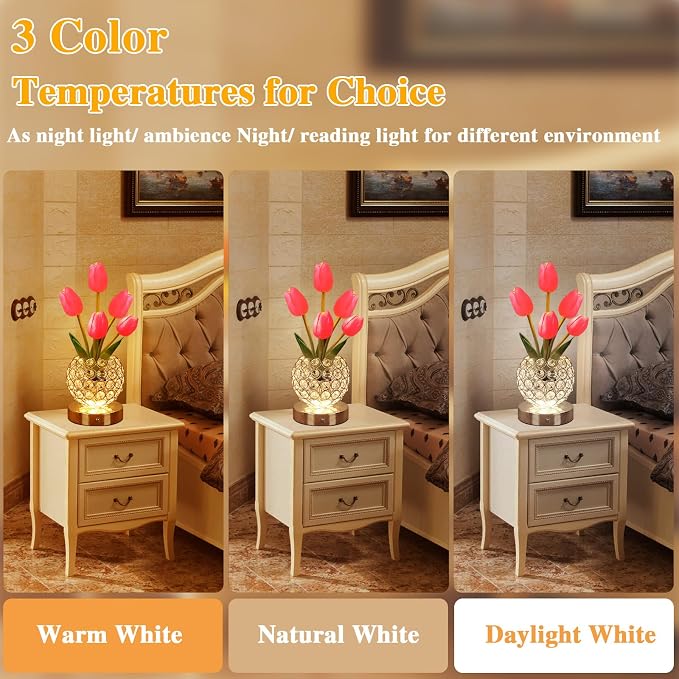 Birthday Gifts for Women Mothers Day Gifts/for Mom Tulip Table Lamp | 3 Color Crystal Flower Bedside Lamps Infinitely Dimming with USB Charge Small Night Light,Night stand Touch Lamp(red-tulip)