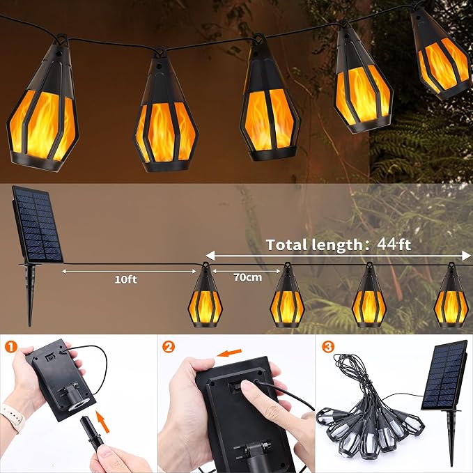 Solar String Lights for Outside, 44Ft Solar Patio Light with 20 Flickering | Flame Light Bulbs, Waterproof Orange Halloween Lights for Garden Yard Patio Gazebo Bistro Cafe Party Halloween Decorations