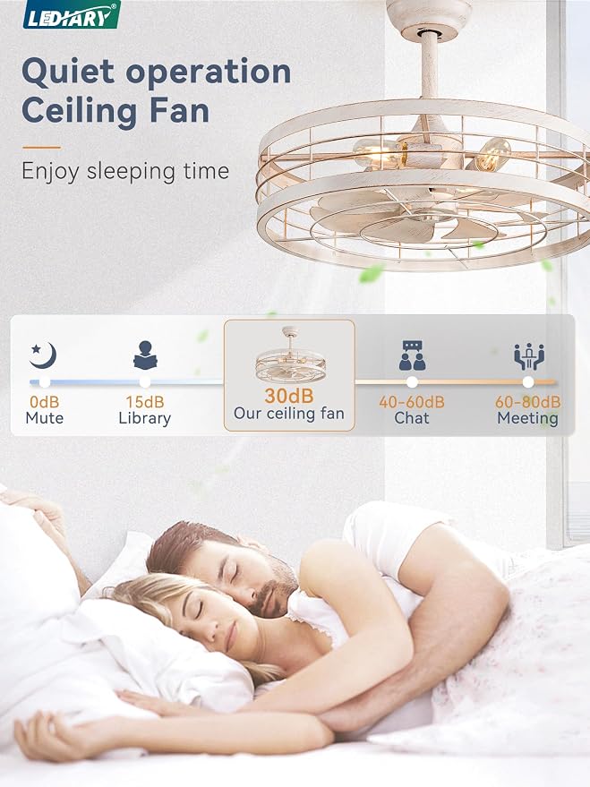 LEDIARY 22 inch Caged Bladeless Ceiling Fan Light with Remote, White Gold | 6 Speed Adjustable,Timing, Quiet & Powerful DC, Small, Farmhouse, Industrial, Enclosed, Bladeless, Bedroom, Kitchen, Downrod