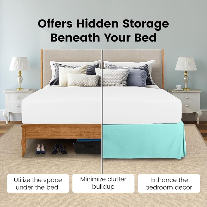Queen Bed Skirt, Hides Under-Bed Storage 16 Inch Drop, Pleated, Spa Blue | Easy Fit Design, Shrinkage & Fade Resistant, Hotel Style, Microfiber Durable Fabric, Machine Washable