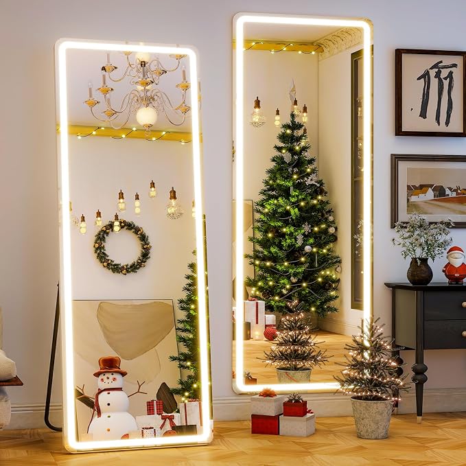 LED Full Length Mirror, 64"x21" Lighted Floor Mirror with Stand | Dimming & 3 Color Lighting, Wall Mounted Leaning Hanging Large Standing Full Body Mirror for Bedroom, Cloak Room, White