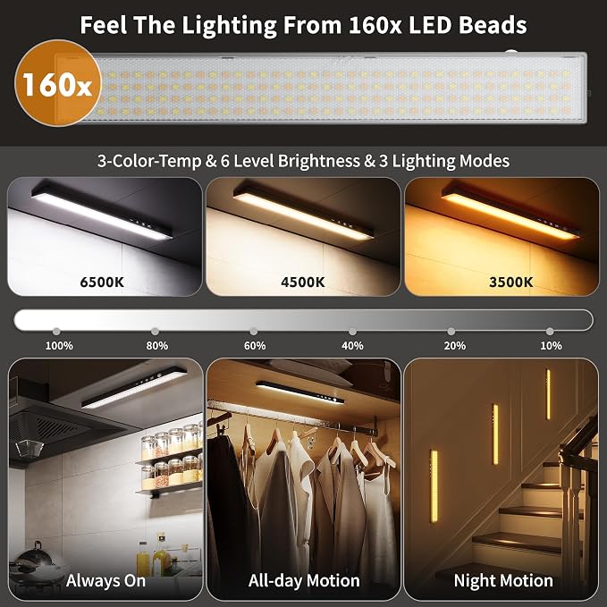 12" Under Cabinet Lights Wireless Rechargeable, Motion Sensor, 5Pack, Black | Touch & Remote Control丨160 bright LEDs丨4000mAh Battery丨Dimmable 3 color temps丨Magnetic install for kitchen counter, closet