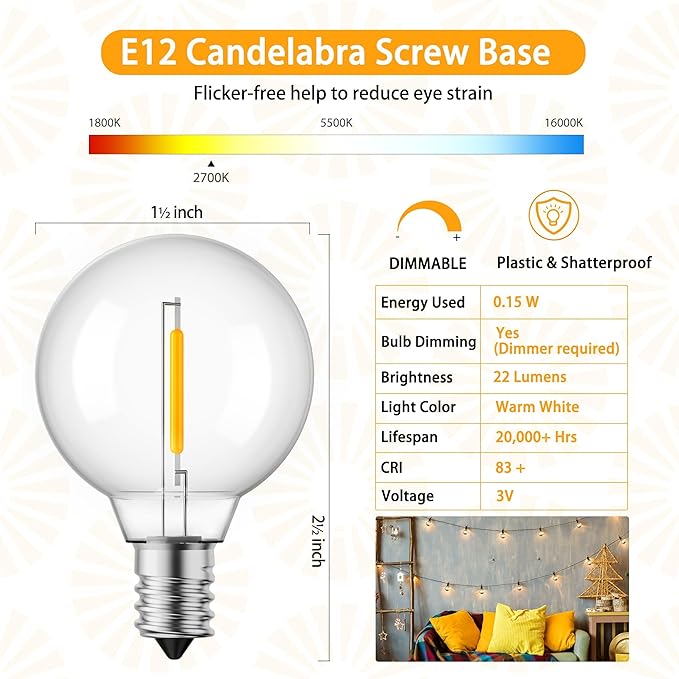 Brightown G40 Solar Replacement Bulbs 25 Pack, E12 Candelabra Screw Base, 3V 0.15W, 1.5 Inch Shatterproof Globe LED Bulbs for Solar Outdoor String Lights, 2700K Warm White, Dimmable