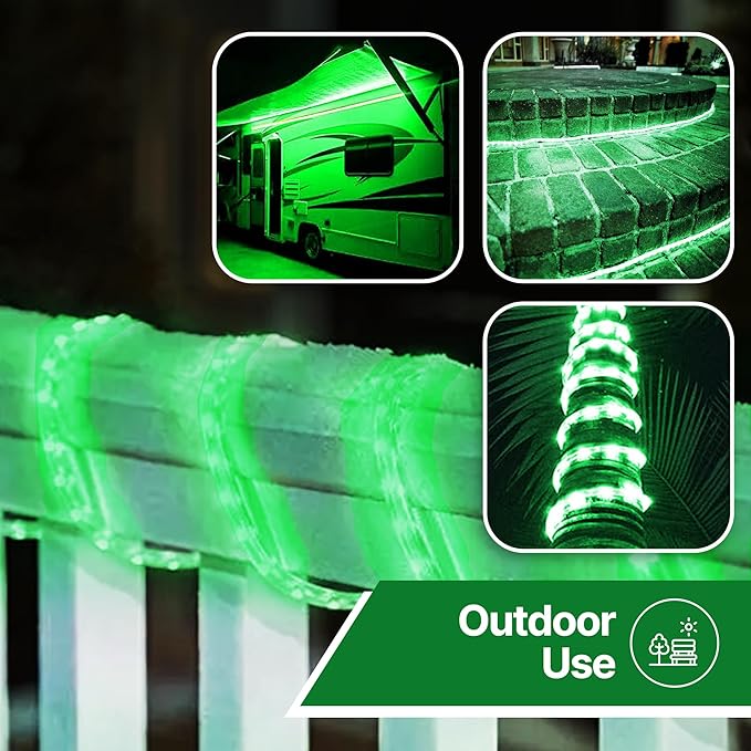 Tupkee LED Rope Light Green - for Indoor and Outdoor use, 24 Feet (7.3 m) - 10MM Diameter - 144 LED Long Life Bulbs Rope Tube Lights
