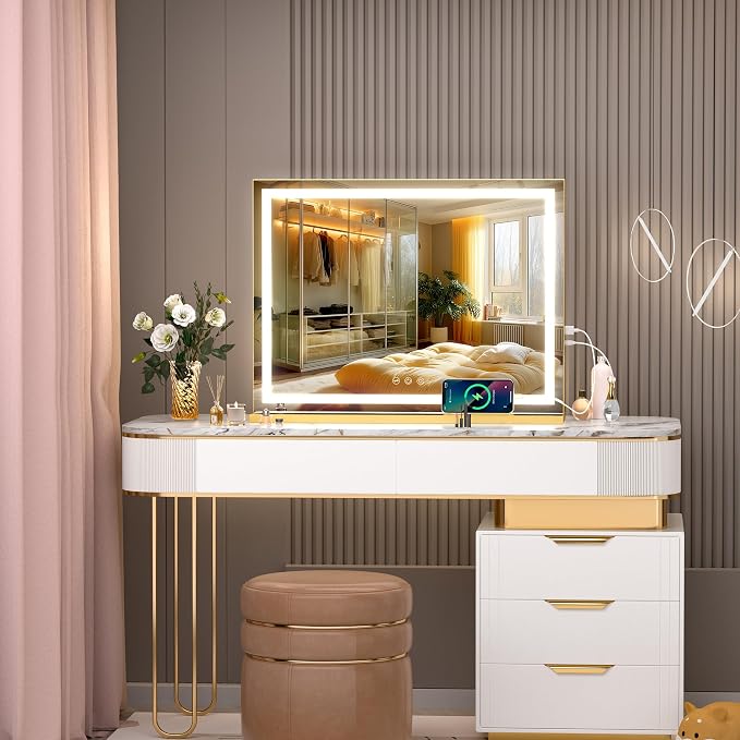 Hasipu Vanity Mirror with Lights, 32" x 20" LED Makeup Mirror, Lighted Makeup Mirror with Dimmable 3 Modes, Touch Screen Control Vanity Mirror Square Gold