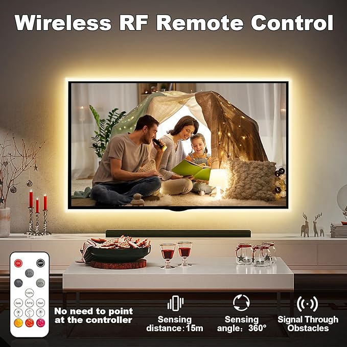 32.8ft 3000K Bright COB LED Strip Light, Dimmable, Warm White, Indoor, RF Remote, Adhesive, for Living Room, Shelf, Cabinet, Kitchen