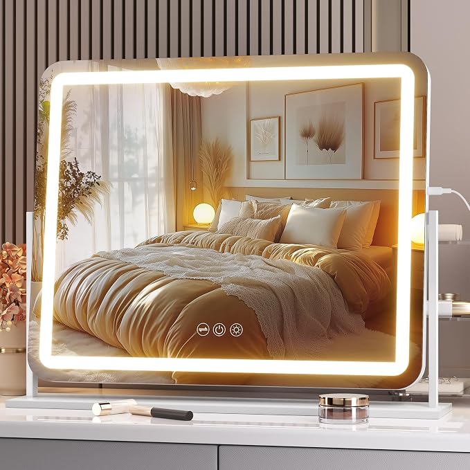 Hasipu Vanity Mirror with Lights, 24" x 20" LED Makeup Mirror, Light up Mirror with Smart Touch 3 Colors Dimmable, Brightness Adjustment, 360° Rotation (White)