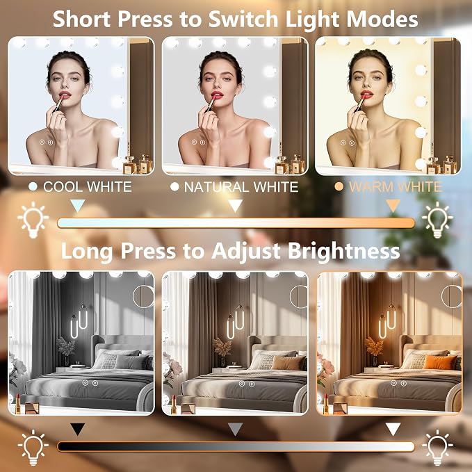 Moonee Vanity Mirror with Lights, Bluetooth Hollywood Lighted Makeup Mirror with 15 Dimmable Bulbs and 10X Magnification, 3 Colors Modes, Light Up Mirror, Gifts for Women, Girls（23" x 18"）