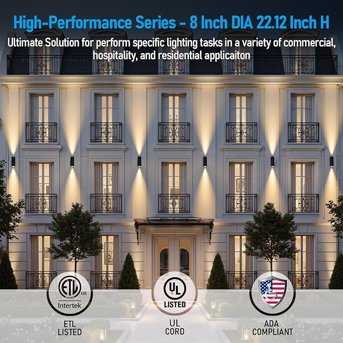 LEONLITE Modern Outdoor Cylinder Wall Lights 22", Porch Light in 2 Lights, Up Down Lights, Matte Black Waterproof Wall Sconce, Aluminum, E26 Base, Exterior Light Fixture Wall Mount, ETL, Pack of 2