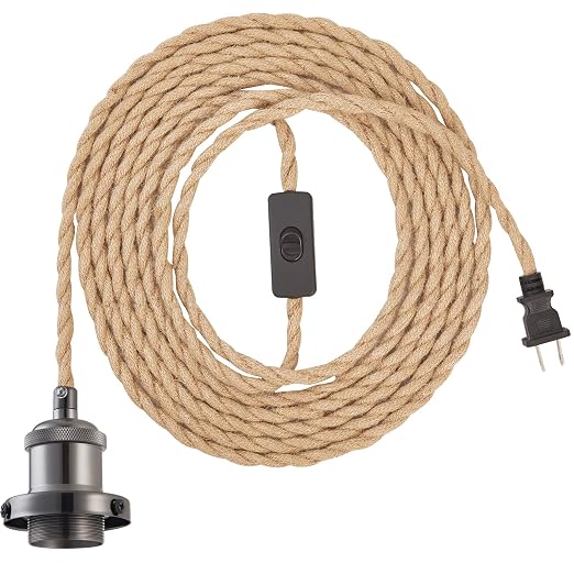 15.4ft Pendant Light Cord Kit, Industrial Vintage Plug in E26 Socket Hanging Light with Switch, Hemp Rope Hanging Light Fixture for Pendant Lamp Farmhouse Lamp Cable DIY