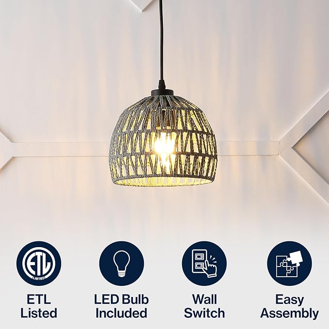 JONATHAN Y Campana 1-Light Pendant Dome Ceiling Lamp, 8.25", Gray | Modern Coastal Farmhouse Decor, Adjustable Height, Woven Rope Metal Frame, LED Bulb Included, UL Listed