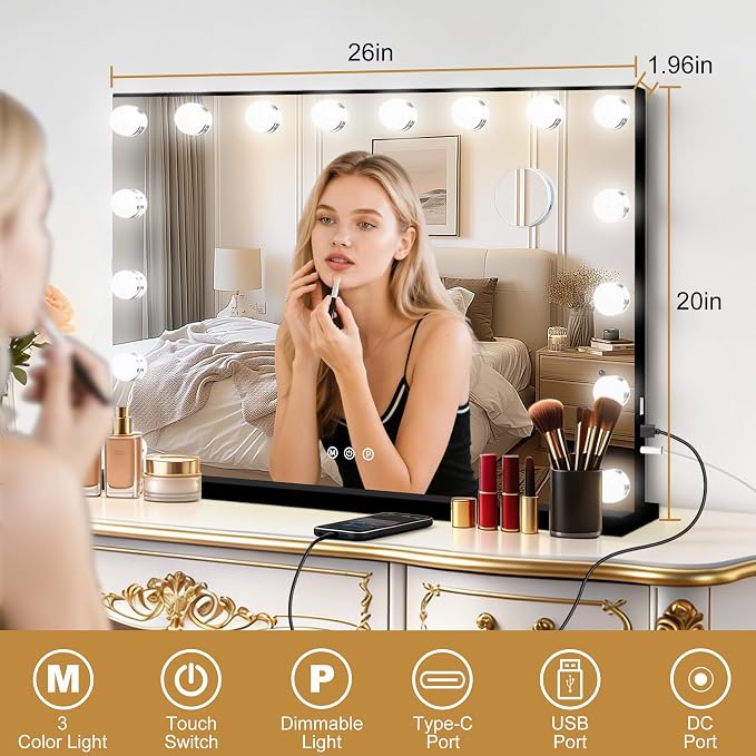Moonee Vanity Mirror with Lights, Black Hollywood Lighted Makeup Mirror with 17 Dimmable Bulbs and 10X Magnification, 3 Colors Modes, Aluminum Metal Frame, Light Up Mirror for Tabletop/Wall（26" x 20"）