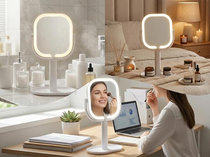 Makeup Mirror with Lights, 1X/10X Magnifying Mirror with Light, Rechargeable Lighted Makeup Mirror with Magnification, 3-Color Lighting, Height Adjustable 360° Rotation Desk Mirror, Gift for Women