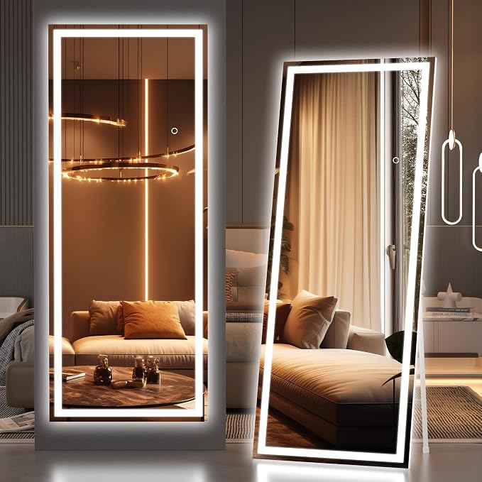 Hasipu Full Length Mirror with Lights, 67" x 22" LED Lighted Floor Standing, Full Body Dressing Hanging Mounted Mirror, Tempered Glass, Square White