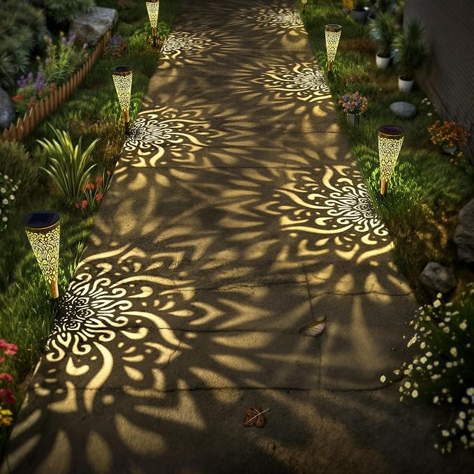6 Pack Solar Lights Outdoor Garden Decorative Mandala Solar Garden Lights with Warm Light Waterproof Solar Pathway Landscape Lights for Path Backyard Walkway Yard Decor, Gardening Gifts for Women