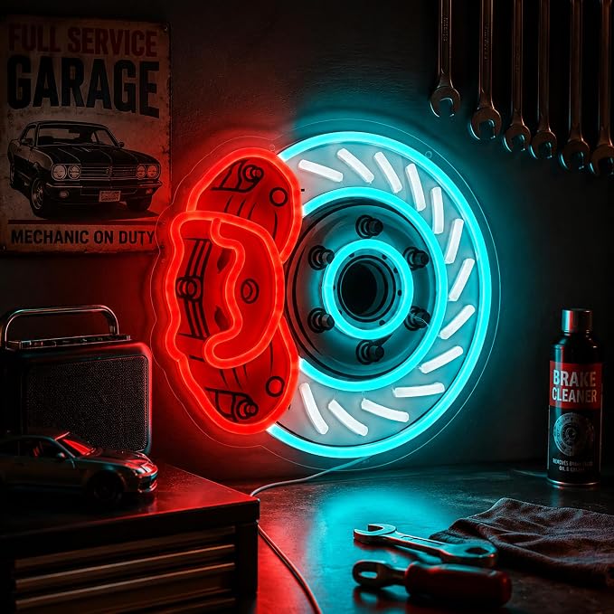 Brake Disc Neon Sign, USB Powered LED Garage Wall Decor |Automotive Wall Decor for Garage, Game Room, Bedroom, Workshop, Party Decoration and Car Enthusiast Gift