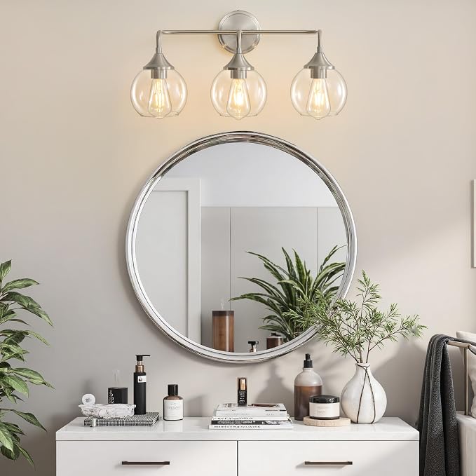 Bathroom Light Fixtures 3-Light Brushed Nickel Vanity Light 31" | Farmhouse Vanity Lighting Fixtures Over Mirror, Thickened Clear Glass Shade, UL E26 Dimmable Vanity Light Fixtures