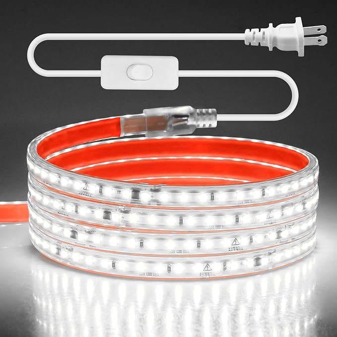 Aclorol 120V LED Strip Lights 6FT Flexible Outdoor Lighting Waterproof IP65 Cold White 6000K 120LEDs/M Bright LED Strip Lights 110V Plug in for Bedroom Patio Backyards Outside Deck Lighting Projects