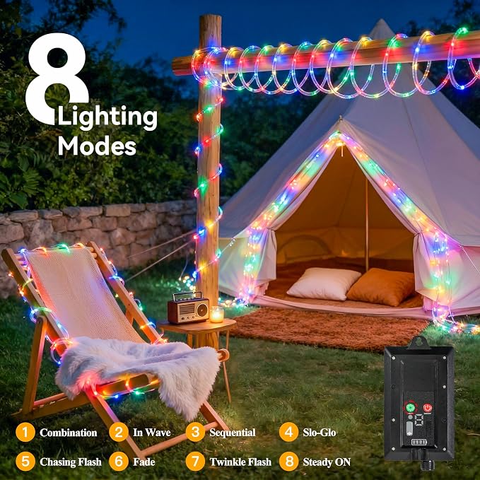 Ollny Solar Rope Lights Outdoor, 2 Pack Total 66FT 200 LED Multicolor String Lights with Remote, 8 Modes Waterproof Timer Tube Light for Tree Holiday Party Wedding Decor