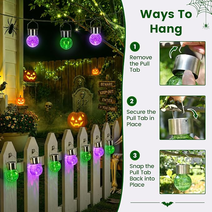 GIGALUMI Halloween Solar Lights Outdoor Solar Hanging Lanterns Outside 12PC | Green, Halloween, Solar Powered, Waterproof, Decorative, Crackle Glass, Graden&Tree Decoration, Gifts for Women, Ornaments