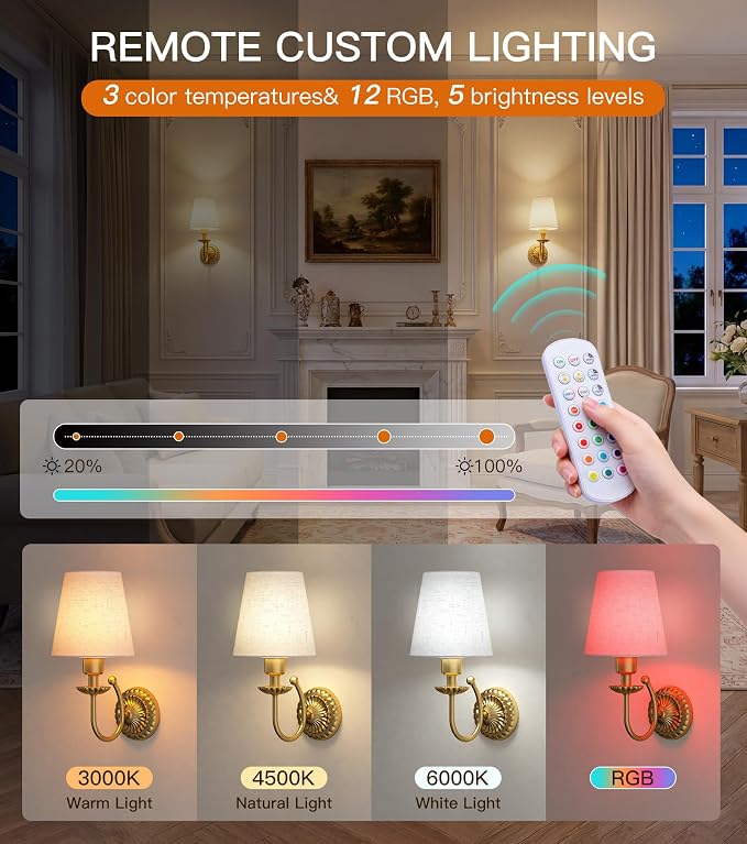 Wireless Wall Sconces Set of Two 14"H, 5300mAh Battery Operated Wall Sconce, Rechargeable Bulbs with Remote, 15 Colors Dimmable Wall Sconces with Fabric Shade for Bedroom Living Room(Brushed Gold)