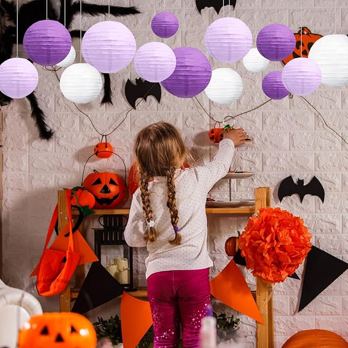 20Pcs Purple Light Purple White Paper Lanterns for Parties, 6” 8” 10” 12” Chinese Asian Hanging Round Paper Lanterns for Birthday Wedding Halloween Christmas Home Decor Party Decor