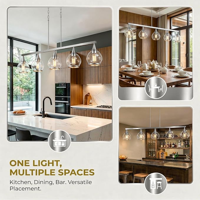 Kitchen Island Linear Pendant Light, 5-Light Brushed Nickeld Dining Room Chandelier with Clear Glass Globe Shades, Modern Linear Lighting Fixture Over Table