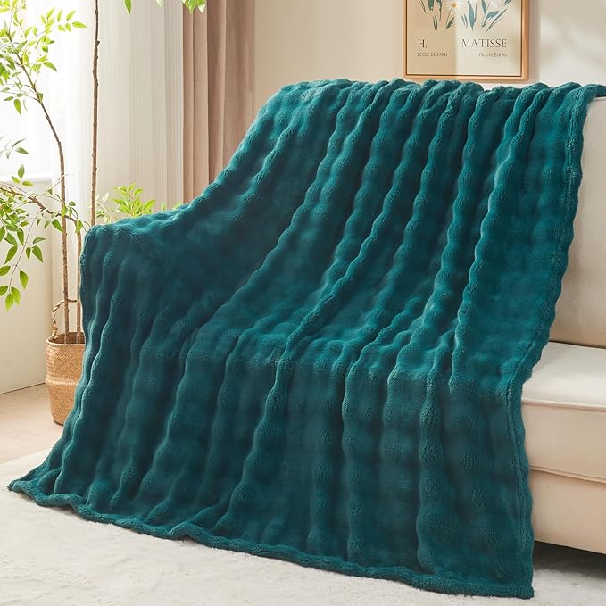 NEWCOSPLAY Queen Blanket for Couch Dark Teal Super Soft Flannel Fleece 3D Bubble Lightweight Bed Blanket All Season Use (Dark Teal, Queen(90"x90"))