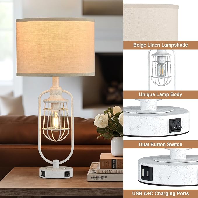 Farmhouse Table Lamps for Living Room Set of 2, Lamps for Night Stands Set of 2, Industrial Bedside Lamps for Bedroom Nightstand with USB A+C, Bulbs Included