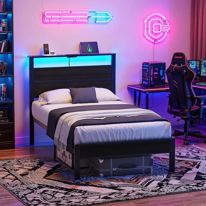 Twin Size Bed Frame with LED Lights and USB Charging Station | Black Metal Platform Bed with Storage Headboard, Noise Free, No Box Spring Needed, Easy Assembly