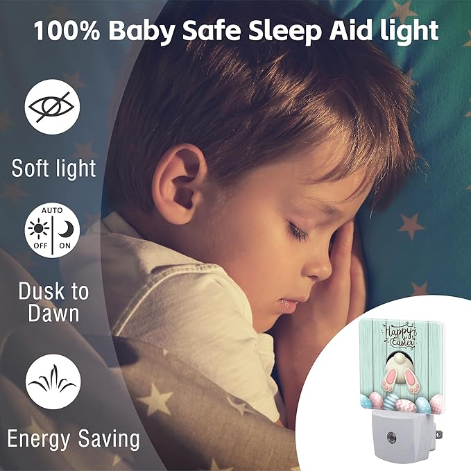 Happy Easter Night Light Plug into Wall,Easter Bunny and Colorful Eggs Dusk to Dawn Night Light,0.5w Energy Saving Sleep Friendly Nightlights for Kids Boys Girls Home Decor