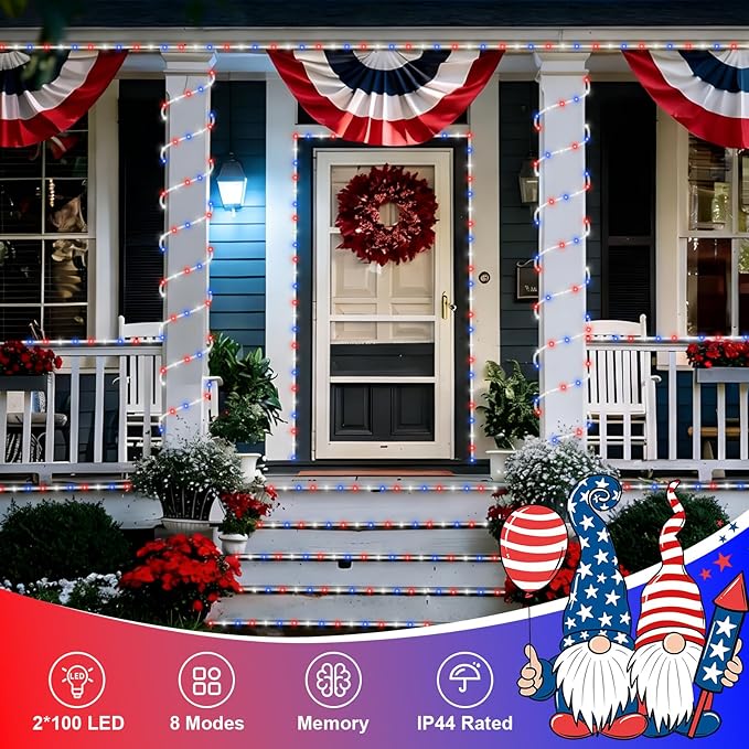 QITONG Red White Blue Solar Rope Lights, 2 Pack Each 33ft 100 LED 4th of July Lights Outdoor, 8 Modes Fairy Lights in Clear Thin Tube for Patriotic Independence Memorial Day Decor