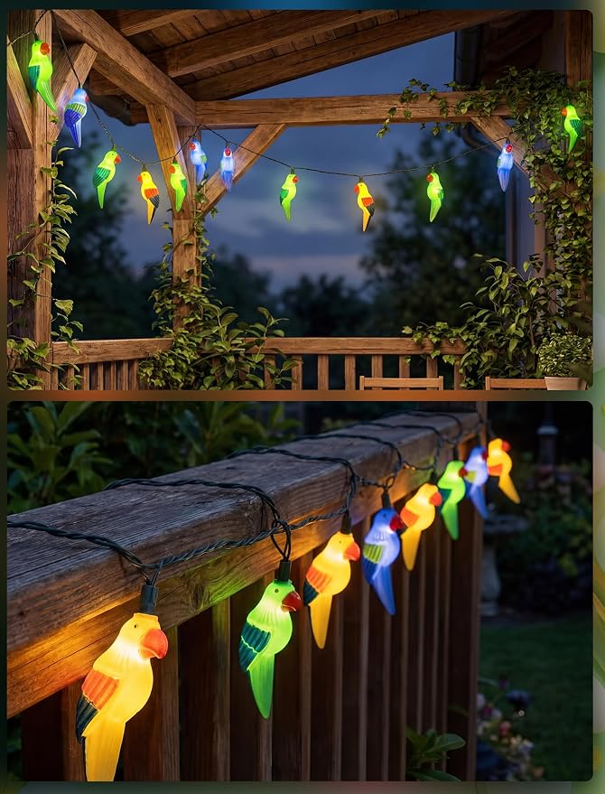 10 LED Tropical Beach Parrot Lights, 8.5Ft Camping String Lights Outdoor | Plug in, Connectable, 10 Multicolor Bird, Hanging Fairy Lights, Summer Hawaiian Decoration for Outside Party Home Decor