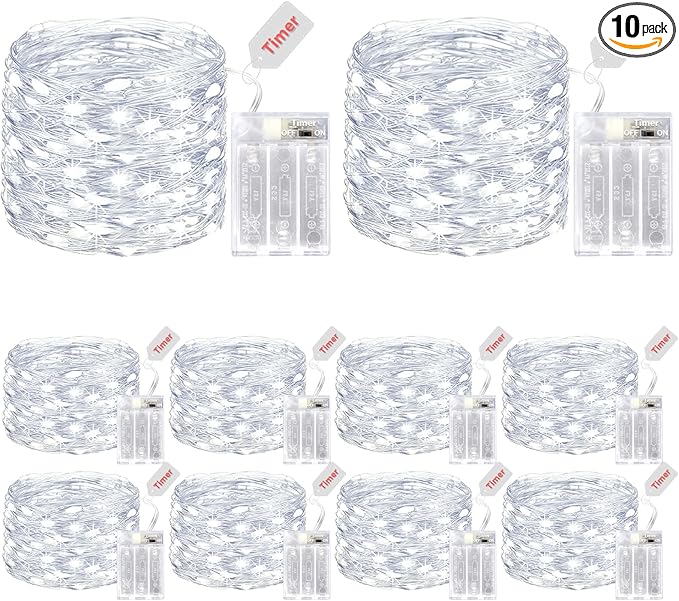 kolpop 10 Pack Fairy Lights Battery Operated with Timer, 50 LED Mini String Light Battery Powered, Cool White Tiny Christmas Lights for Indoor Wedding Party Decorations