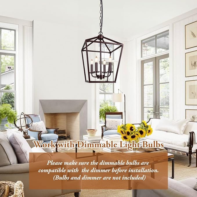 Oil-Rubbed Bronze Rustic Chandelier, Foyer Lighting Fixture for Dining Room | Industrial Kitchen Lantern chandelier Over Table, Pendant Island Ceiling Light for Entryway, Metal Cage Adjustable Height