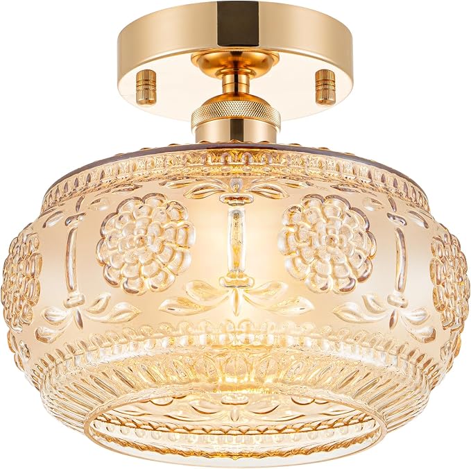 Semi Flush Mount Ceiling Light - French Gold Finish & Amber Floral Glass Shade, Vintage Modern Lighting for Bathroom, Kitchen, Bedroom (Bulb Not Included)