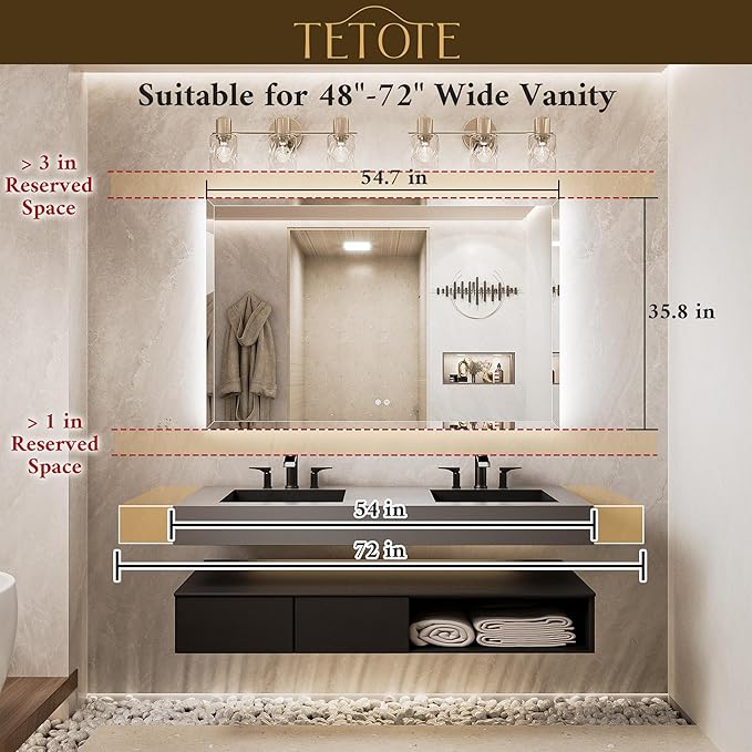 TETOTE 55 x 36 Backlit Bathroom Mirror, Frameless LED Mirror for Bathroom, Tempered Glass, 3 Colors Lights, Defogging, Adjustable Brightness, Smart Bathroom Mirror, Lighted Mirrors for Bathroom Wall