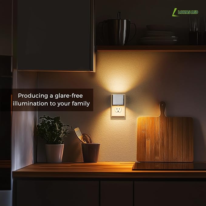 L LOHAS LED Night Light,Night Lights Plug into Wall,[2-Pack] | Dimmable Night Light with Light Sensor,3000K Warm White,Silver Nightlight for Bathroom Hallway Kitchen