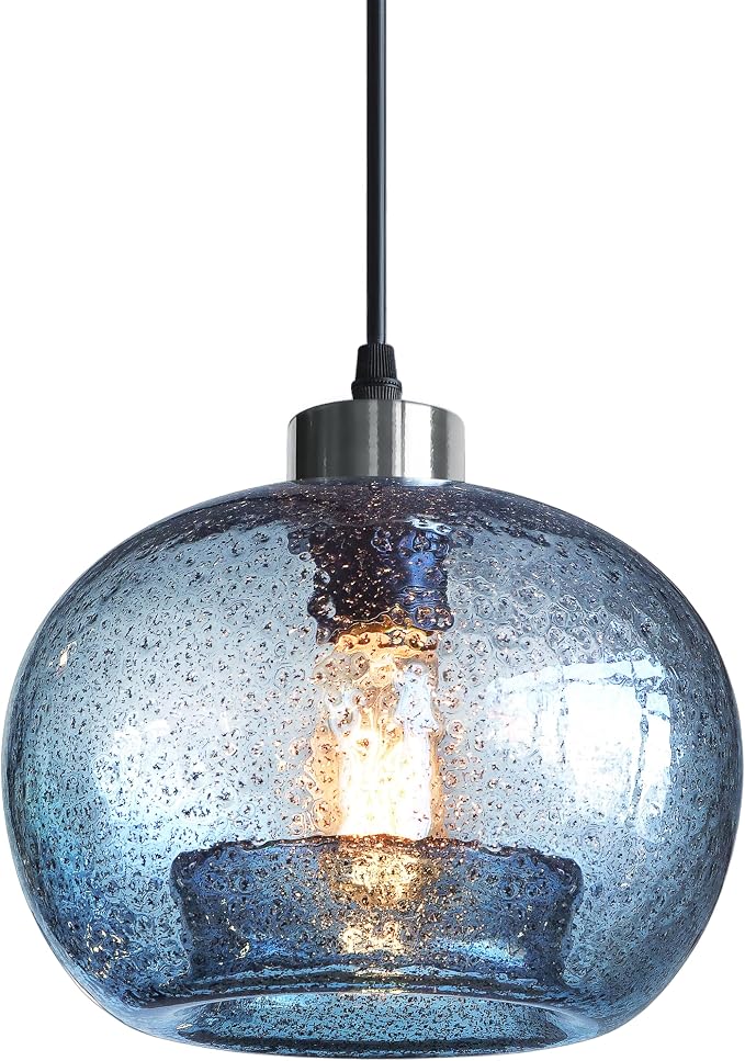 Blue Pendant Light, Hand Blown Glass,Brushed Nickel, 8.7 Inch | Modern Rustic Ceiling Hanging Fixtures Dimmable Kitchen Island Sink Foyer,Adjustable Cord ETL Certification